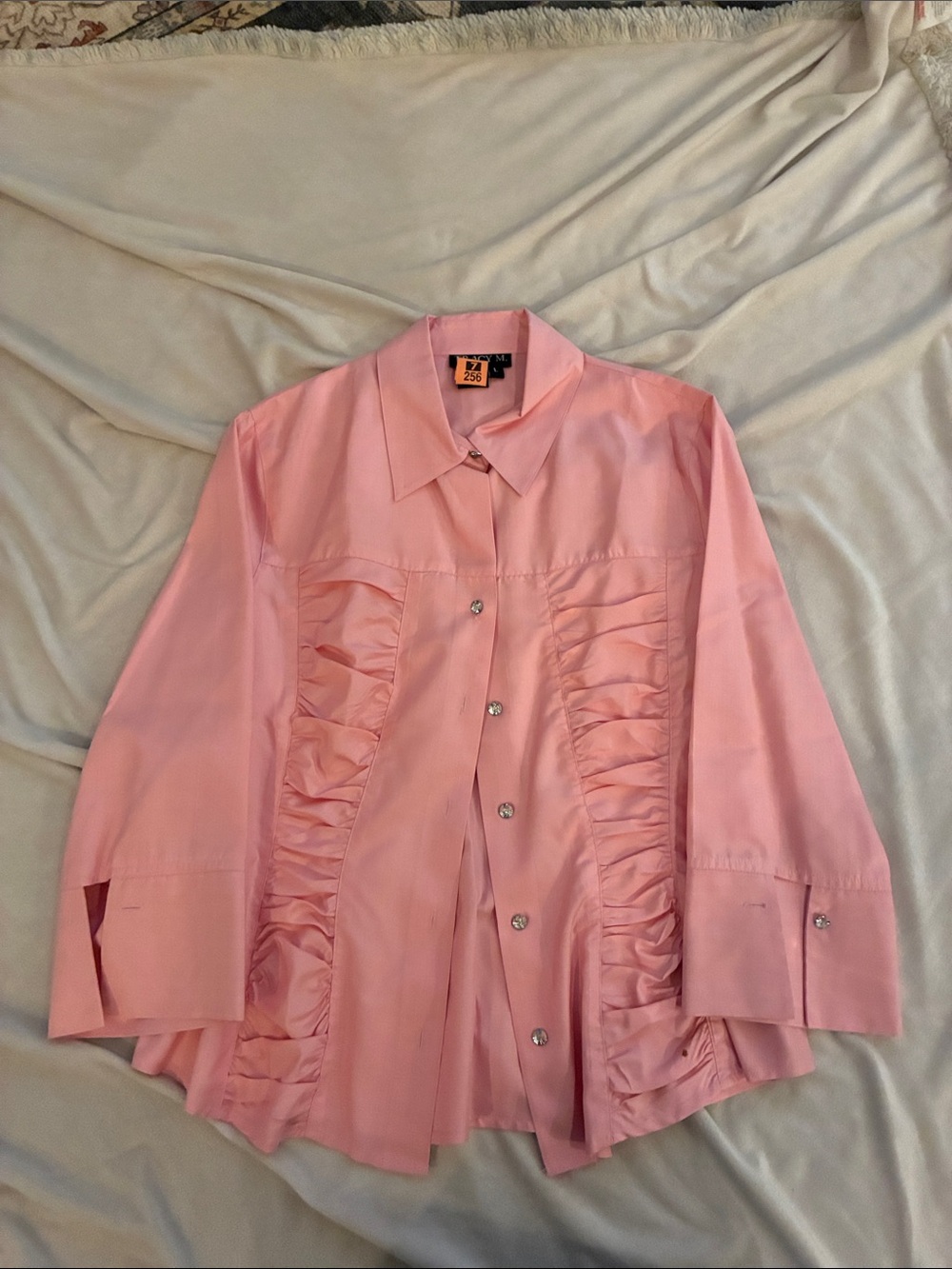 Tracy M Pink Ruffle-Front Button Down Shirt